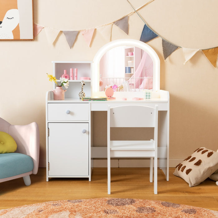 Kids Vanity Table and Chair Set with Shelves Drawer and Cabinet-