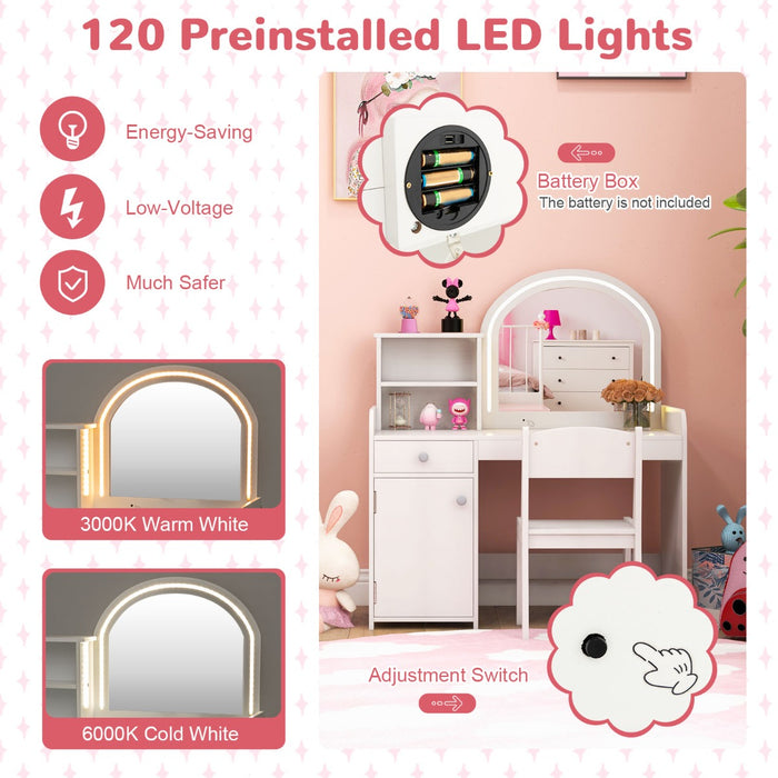 Kids Vanity Table and Chair Set with Shelves Drawer and Cabinet-