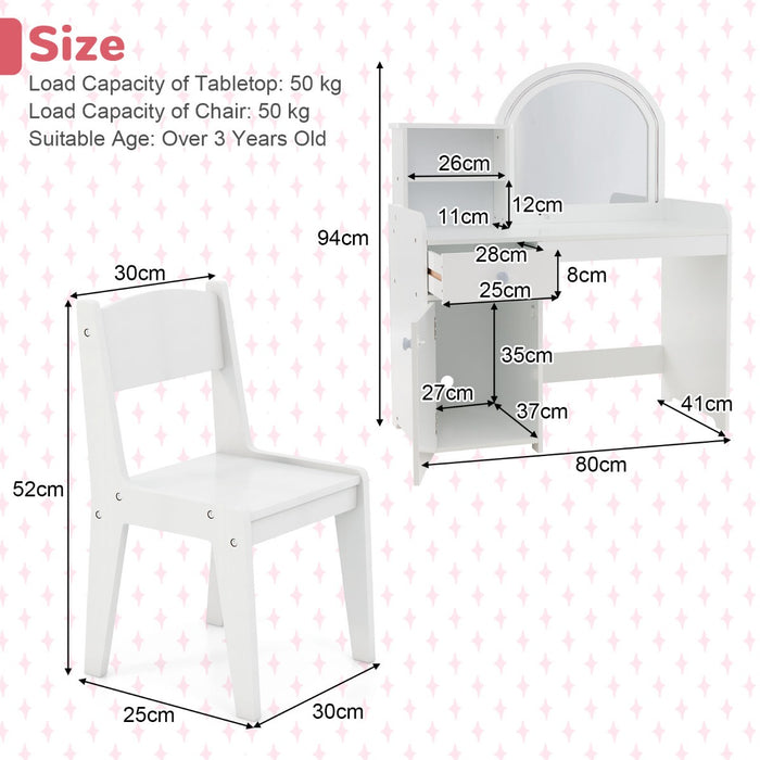 Kids Vanity Table and Chair Set with Shelves Drawer and Cabinet-