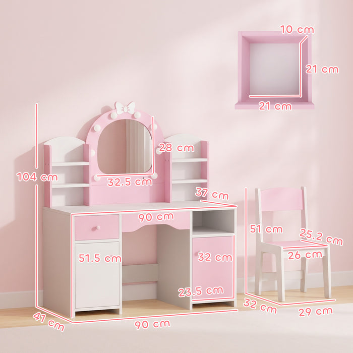 AIYAPLAY Kids Vanity Set, Girls Dressing Table with Stool, 2-Colour Lights Mirror, Cabinet, Drawer and Shelves, Pink