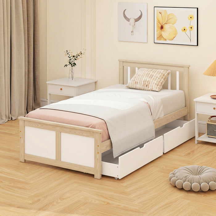 HOMCOM Pine Storage Bed, 3ft Single Solid Wooden Bed Frame with Drawers, Headboard, Wood Slat Support, Natural Wood Finish
