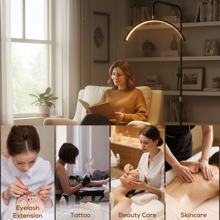 HOMCOM Half Moon Lash Light, Beauty Floor Lamp with 350° Rotatable Head, 7 Colour Temperature and Phone Holder, Dimmable Standing Lamp for Eyelash Extension, Tattoo, Nails, Skincare, Black