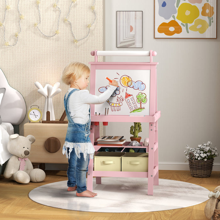 AIYAPLAY 3 in 1 Kids Easel Double-Sided Magnetic Whiteboard and Chalkboard with Paper Roll, Storage Baskets - Pink | Aosom UK
