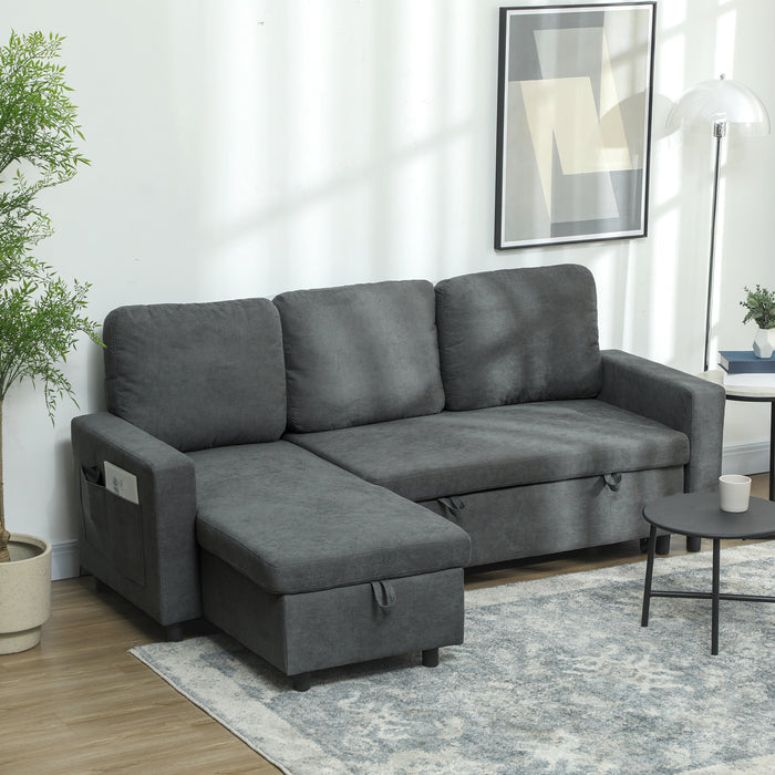 HOMCOM Sofa Bed with Storage, Convertible L Shaped Corner Sofa, 3 Seater Pull Out Sofa Bed with Reversible Chaise, Side Pockets for Living Room, Bedroom, Small Spaces, Charcoal Grey