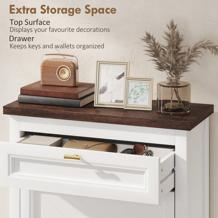 HOMCOM Shoe Cabinet with 2 Flip Drawers, Farmhouse Narrow Shoe Storage Cabinet with Adjustable Shelves, White