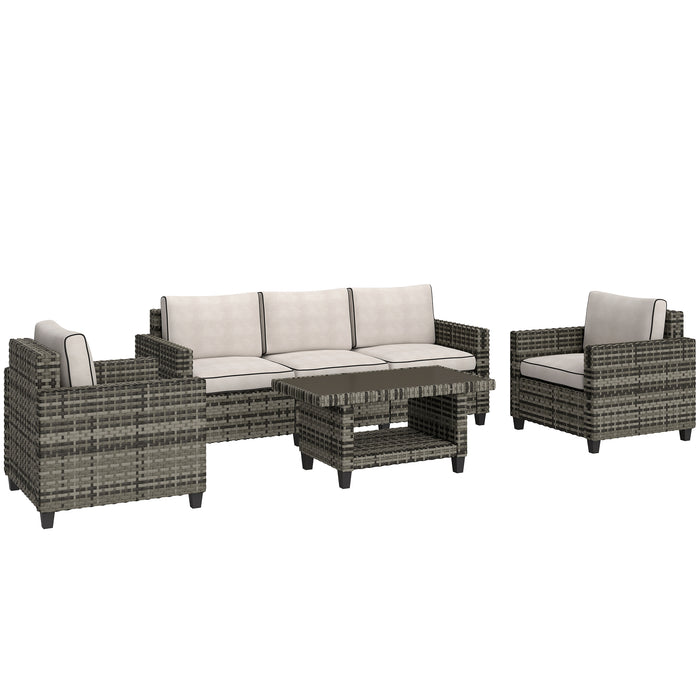Outsunny 6 Pieces Rattan Garden Furniture Set, 5 Seater Wicker Outdoor Furniture Set with 2 Armchairs, Steel Frame Coffee Table and Cushions for Balcony, Porch, Light Grey