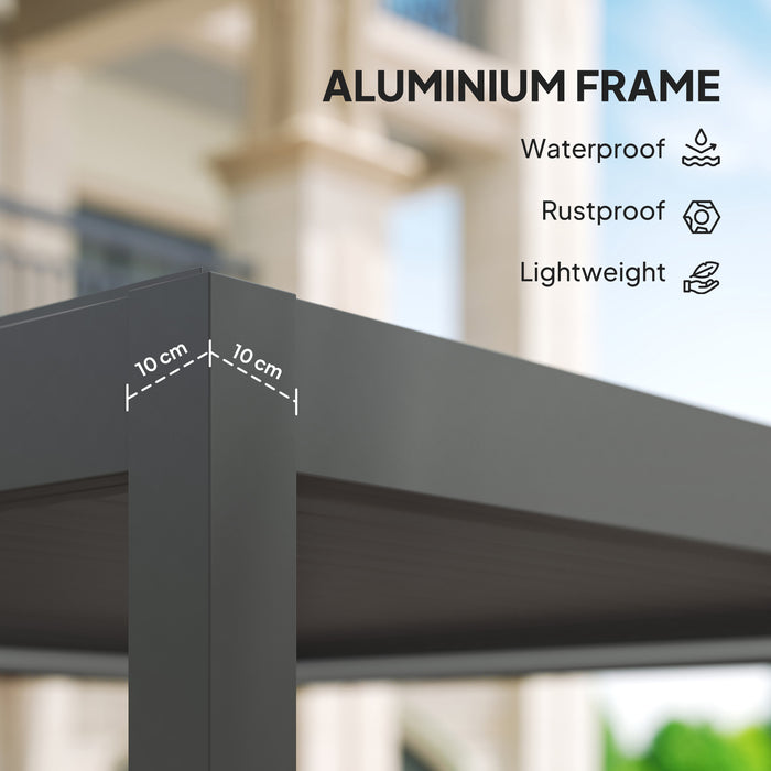 Outsunny 3 x 3(m) Electric Louvered Pergola with LED Lights, Aluminium Pergola Hardtop Gazebo with Remote, Adjustable Roof and Drainage System, Water and UV Proof