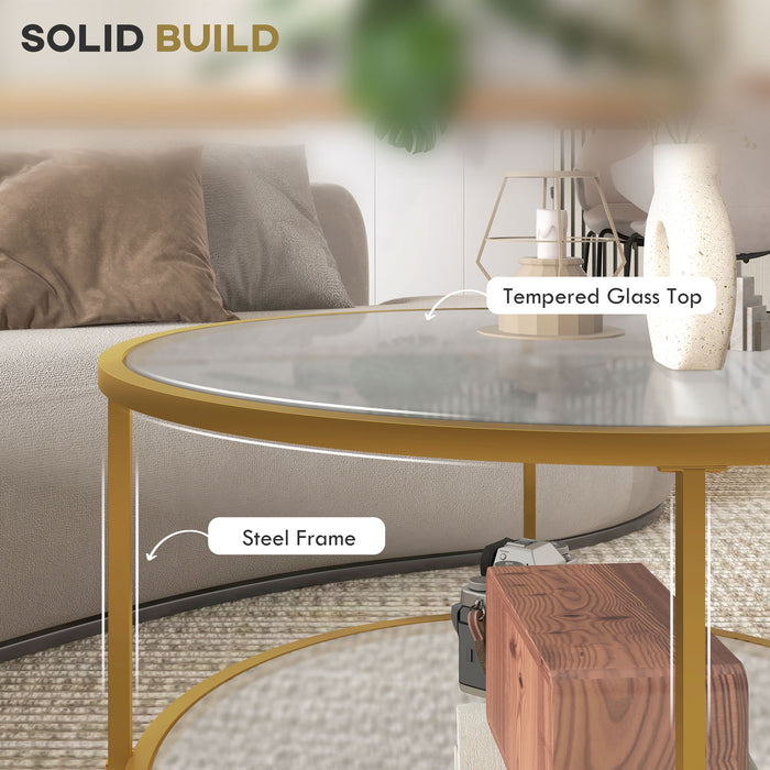 HOMCOM Round Coffee Table with Storage, 2-Tier Tempered Glass Coffee Table with Steel Frame for Living Room, Gold Tone
