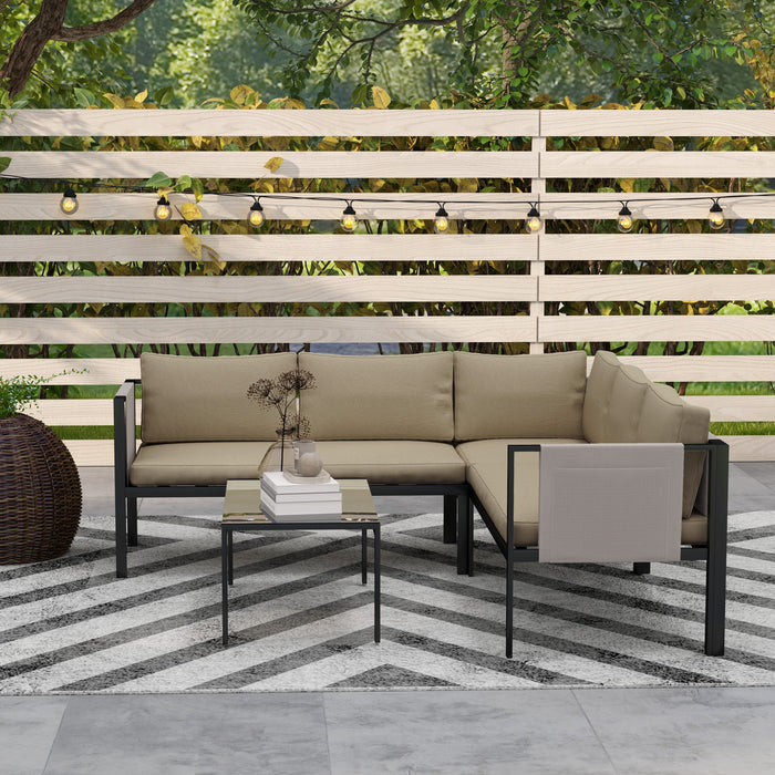 Outsunny 4 Piece Metal Garden Furniture Set with Tempered Glass Coffee Table, Breathable Mesh Pocket, Outdoor Conversational Corner Sofa Loveseat with Padded Cushions, Khaki