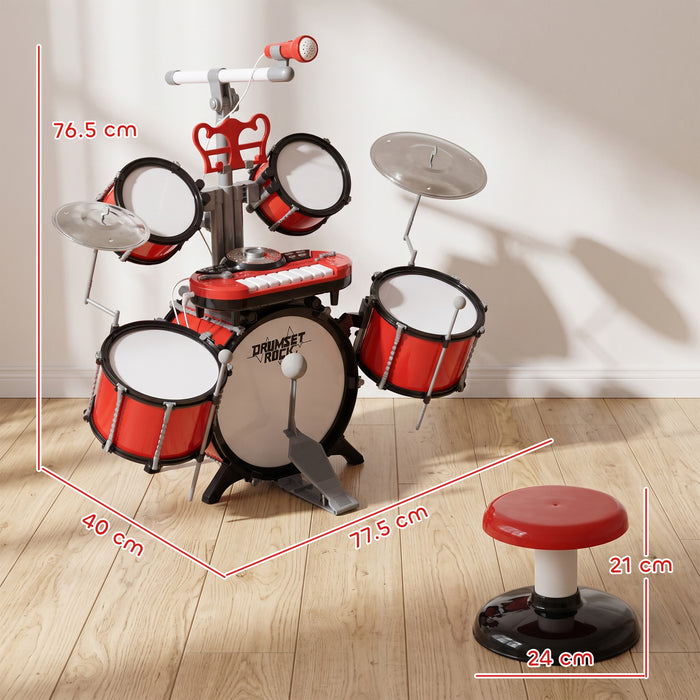 HOMCOM Kids Drum Set for Beginners, Drum Kit with Toy Microphone, Cymbal, Pedal & Drumsticks, Educational Musical Toy, Red