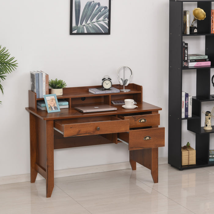 Vintage-Style Workstation Desk - Spacious Table Top with Storage Drawers, Shelves, and Metal Handles - Ideal Computer Desk for Home Office and Study Use