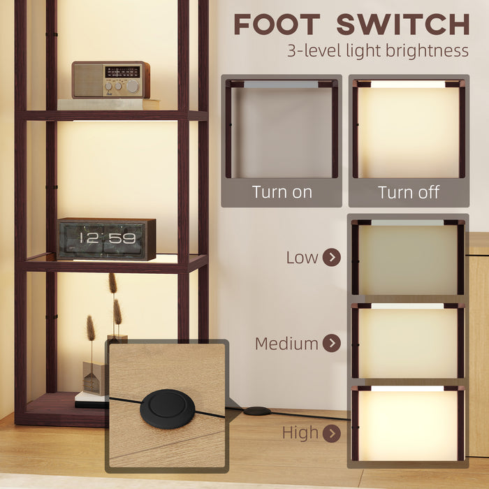HOMCOM LED Floor Lamp with Glass Shelves, 4 Layers Dimmable Tall Standing Lamp, Modern Column Shelf Floor Light for Living Room, Bedroom, Office, Dark Brown