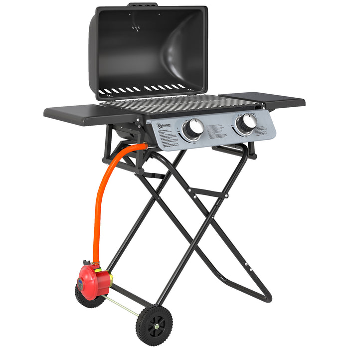 Outsunny Foldable Gas BBQ with Side Tables, 2 Burner Portable Gas Barbecue Grill with Thermometer Lid Grease Tray Wheels, Folding Trolley for Garden Party Camping Picnic Outdoor Cooking, 5.6KW, Black