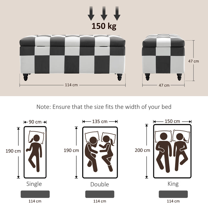 HOMCOM 114 x 47 x 47cm Velvet Storage Ottoman, Button-tufted Footstool Box, Toy Chest with Lid for Living Room, Bedroom, Dark Grey and White