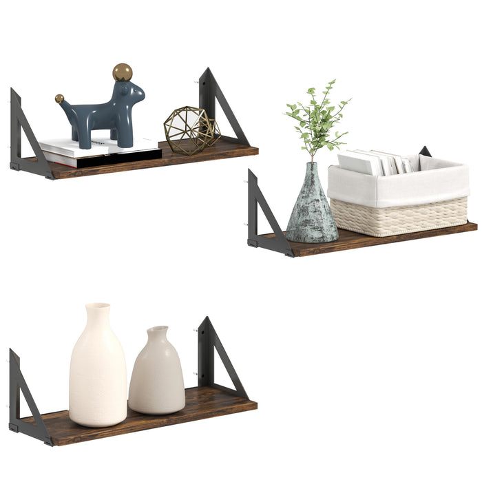 HOMCOM Set of 3 Wall Mounted Floating Shelves, Vintage Wall Shelves for Living Room, Entryway, Bedroom, Rustic Brown