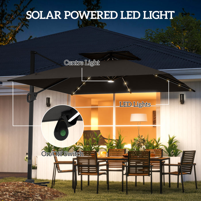 Outsunny 3.5x3 m Garden Cantilever Parasol with Solar LED Lights and Centre Light, Aluminium Large Square Patio Umbrella, UPF50+ Hanging Sun Shade with Cross Base, Crank Handle and Tilt, Grey