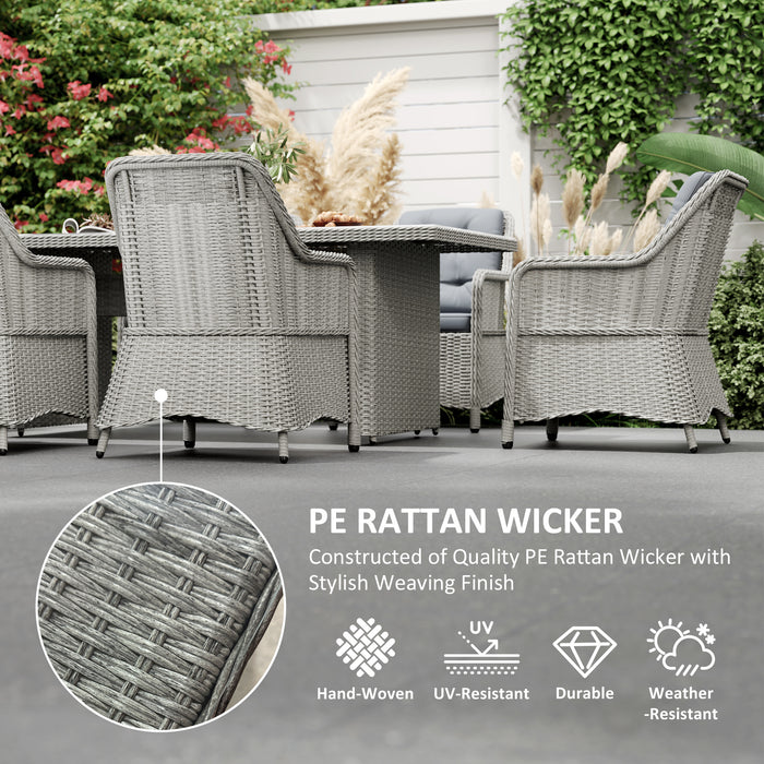Outsunny 6 Seater Rattan Dining Set, Round PE Rattan Garden Furniture Set with Seat and Back Cushions, Aluminium Outdoor Dining Table and Chairs with 6 Armchairs, Rectangular Glass Top Table, Grey