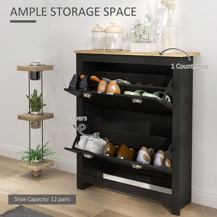 HOMCOM 2 Drawer Shoe Cabinet Modern Narrow Shoe Cupboard Hallway Wooden Storage Organiser with Flip Doors Adjustable Shelf for 12 Pairs, Black