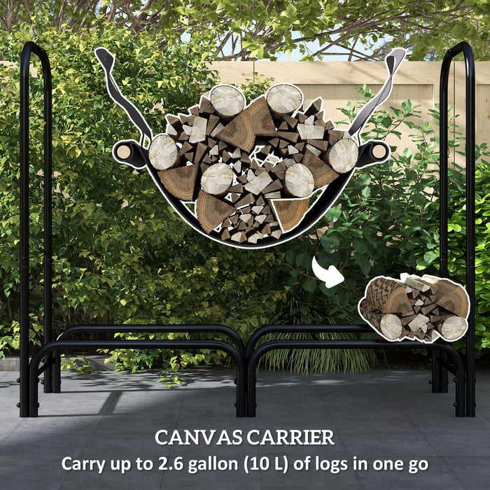 Outsunny 4FT Firewood Rack with Canvas Carrier Bag and 600D Oxford Waterproof Cover, Metal Log Store Indoors, Log Storage Rack Holder for Outdoor Indoor Fireplace, Black