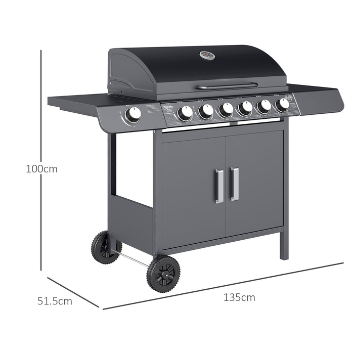 Outsunny 6+1 Burner Gas BBQ Grill, Outdoor Barbecue Trolley with Wheels, Warming Rack, Side Shelves, Cabinet, Thermometer for Garden, Party, Camping, 135 x 51.5 x 100cm, Grey