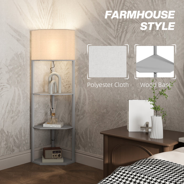 HOMCOM Corner Floor Lamp with Shelves, Tall Standing Lamps for Living Room, with Pull Chain Switch Bulb not Included, Grey | Aosom UK