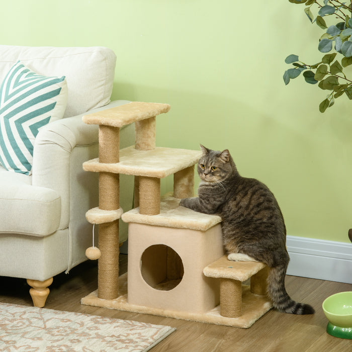 PawHut Adjustable Cat Steps, with House & Hanging Toy Ball - Beige | Aosom UK