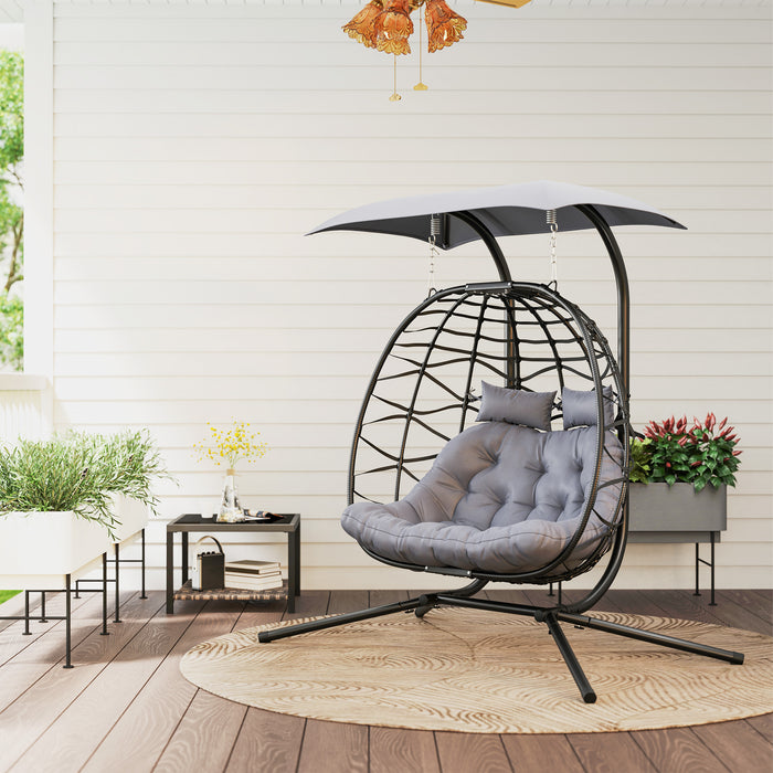 Outsunny Rattan Double Hanging Egg Chair with Canopy, Foldable Wicker Swing Egg Chair with Cushion, Head Pillows, Stand, Steel Frame, Hammock Chair for Indoor Outdoor, Capacity 260 kg, Black