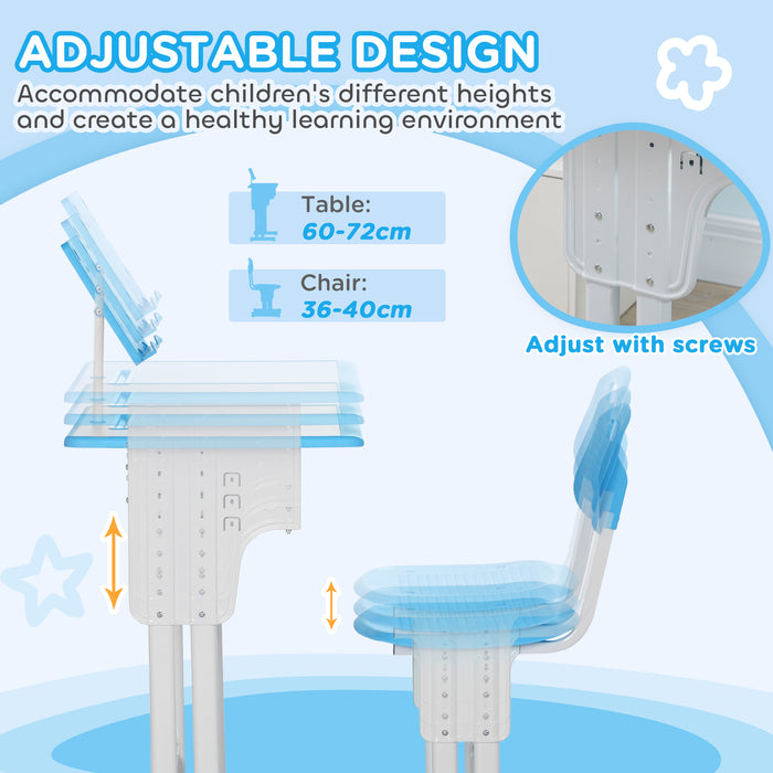 HOMCOM Kids Adjustable Desk and Chair Set, Book Stand, Pen Slot - Blue | Aosom UK