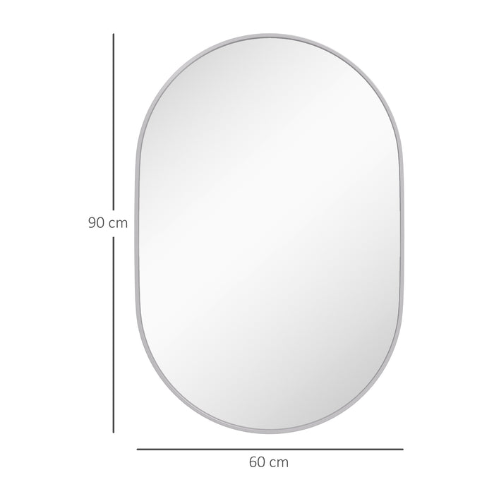 Modern Oval Wall-Mounted Mirror - Aluminum-Framed Vanity Mirror for Bathroom or Living Room, 60x90 cm - Versatile Hanging Options, Silver Finish for Entryways and Home Decor