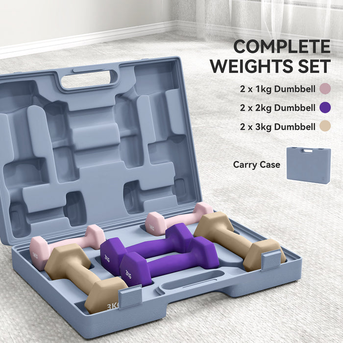 SPORTNOW 12kg Hex Dumbbells Set of 6, Hand Weights with Carry Case for Home Gym Strength Training, 2 x 1kg, 2 x 2kg, 2 x 3kg