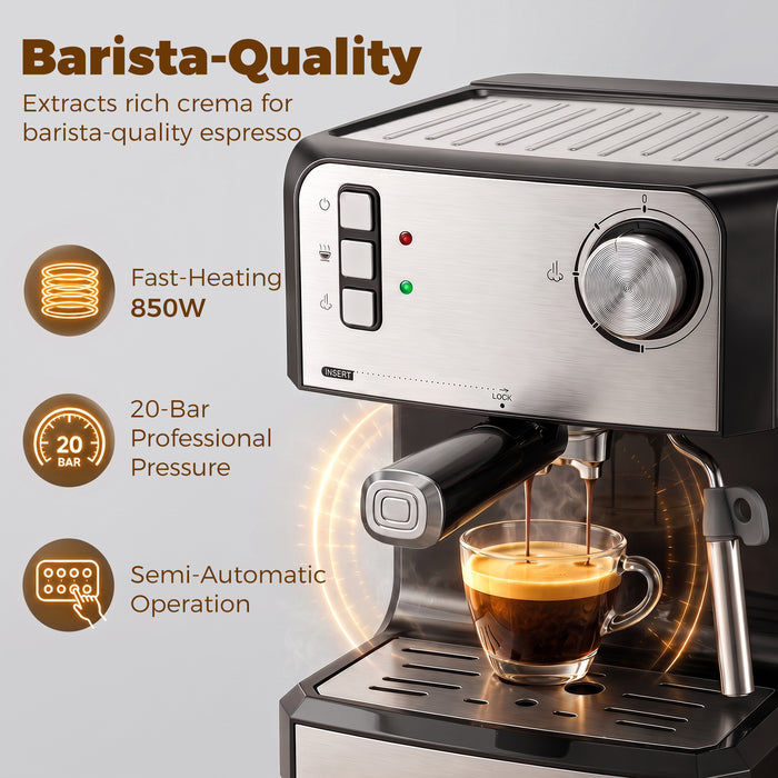 HOMCOM Espresso Machine, 20-Bar Semi Automatic Cappuccino Coffee Maker with Frother Wand, 1.6 L Water Tank, Black