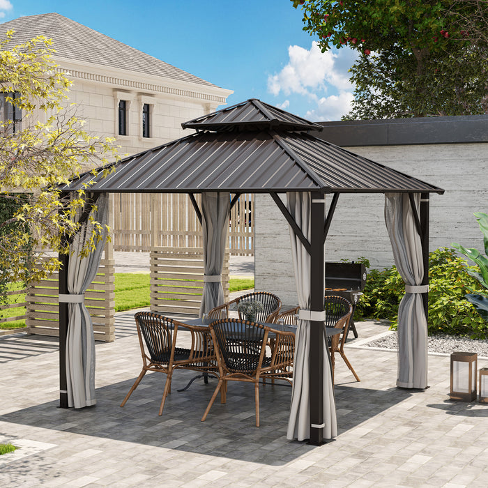 Outsunny 3 x 3(m) Hardtop Gazebo Canopy with Double Metal Roof, Waterproof Permanent Pavilion Garden Gazebo with Netting and Curtains, Easy to Assemble