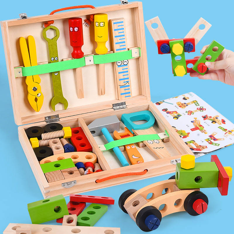 Wooden Toolbox Pretend Play Set for Kids - Montessori Wooden Toolbox - Eco-friendly, 35 Piece Set