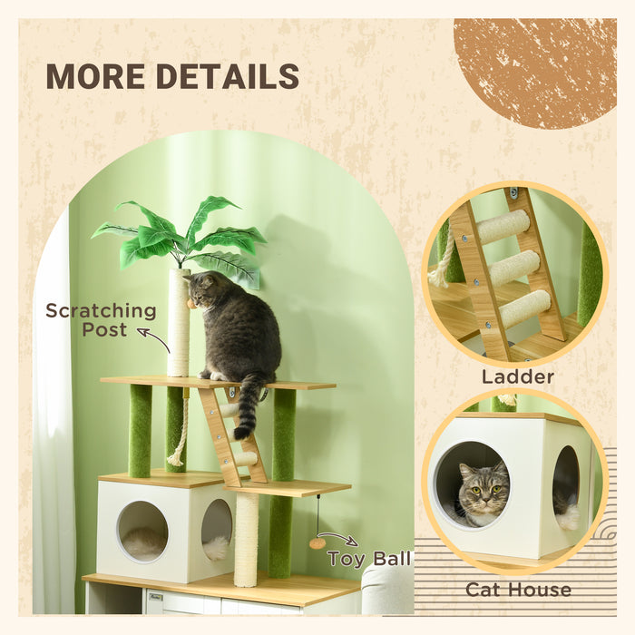 Oak-Themed Cat Tree with Concealed Litter Box Feature - Multi-Level Climbing Tower, Scratching Posts, Playhouse & Steps for Active Cats - Space-Saving Design for Indoor Pet Owners