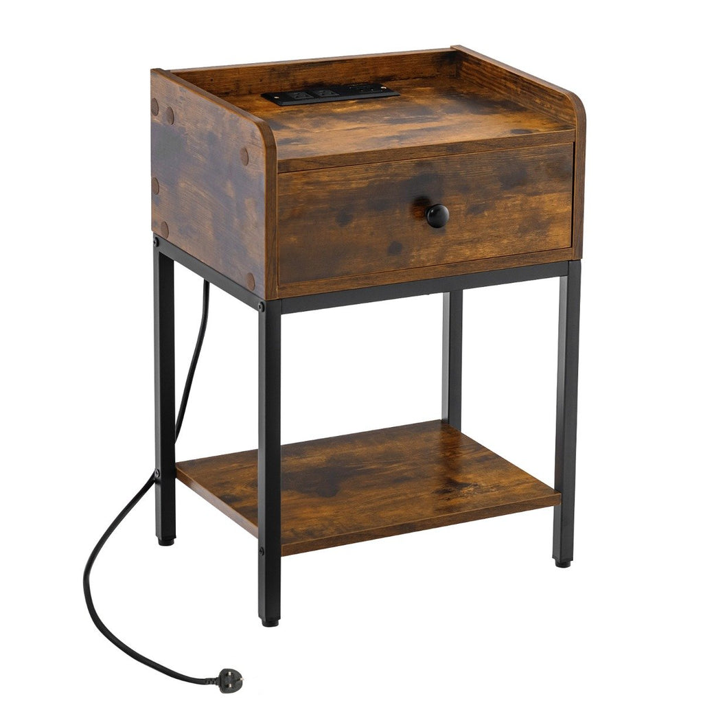 Nightstand with Charging Station Storage Drawer and Open Shelf-