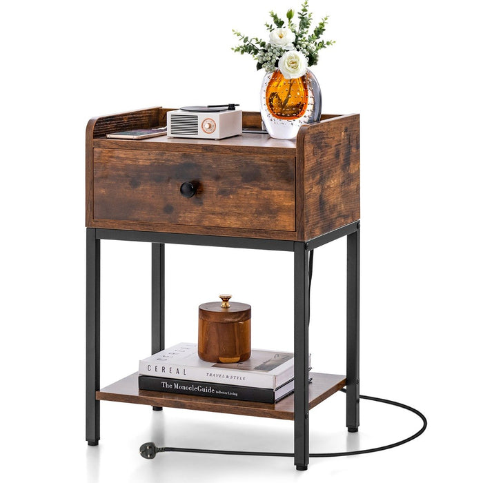 Nightstand with Charging Station Storage Drawer and Open Shelf-