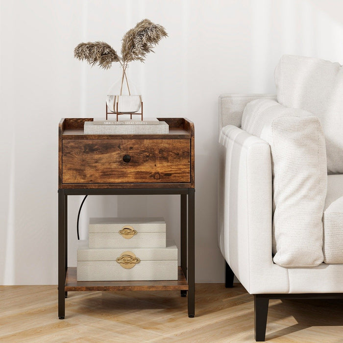 Nightstand with Charging Station Storage Drawer and Open Shelf-