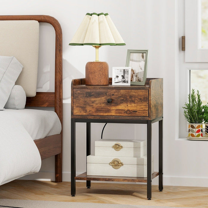 Nightstand with Charging Station Storage Drawer and Open Shelf-
