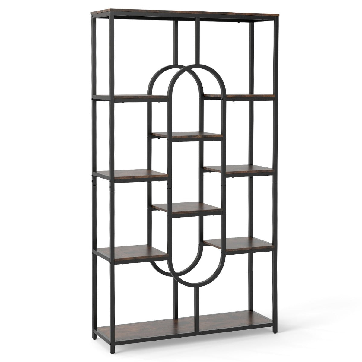 Industrial Etagere Bookcase with Open Storage Shelves and Oval Shape-