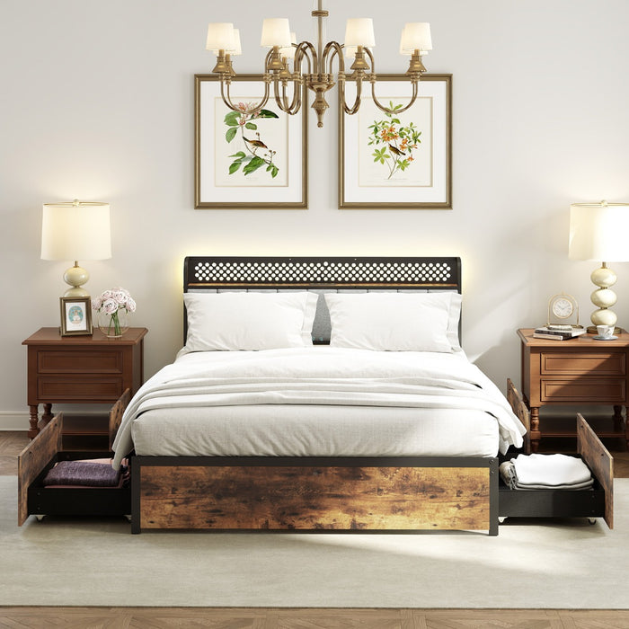 Industrial Metal Platform Bed with LED Lights  and USB Power Outlets -Double Size