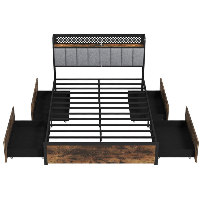 Industrial Metal Platform Bed with LED Lights  and USB Power Outlets -Double Size