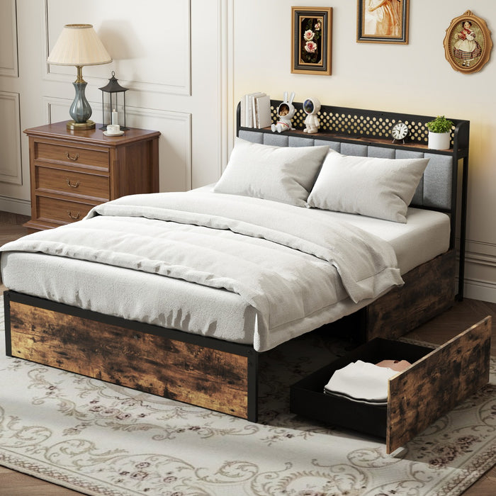 Industrial Metal Platform Bed with LED Lights  and USB Power Outlets -Double Size