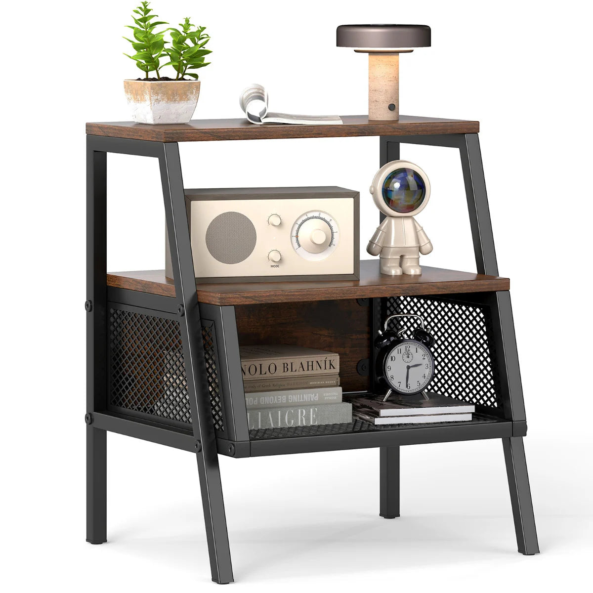 3-Tier Industrial Nightstand with 2 Open Shelves and Metal Mesh Compartment-Rustic Brown