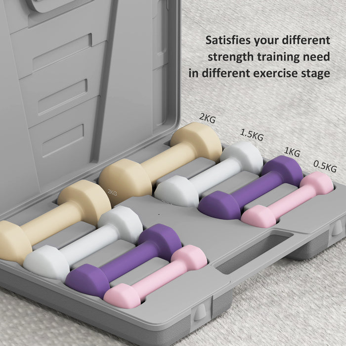 HOMCOM 10KG Dumbbells Set with Carry Case, Hand Weights for Women and Men Home Gym Weight Lifting Training, Pink, Purple, Grey, Brown