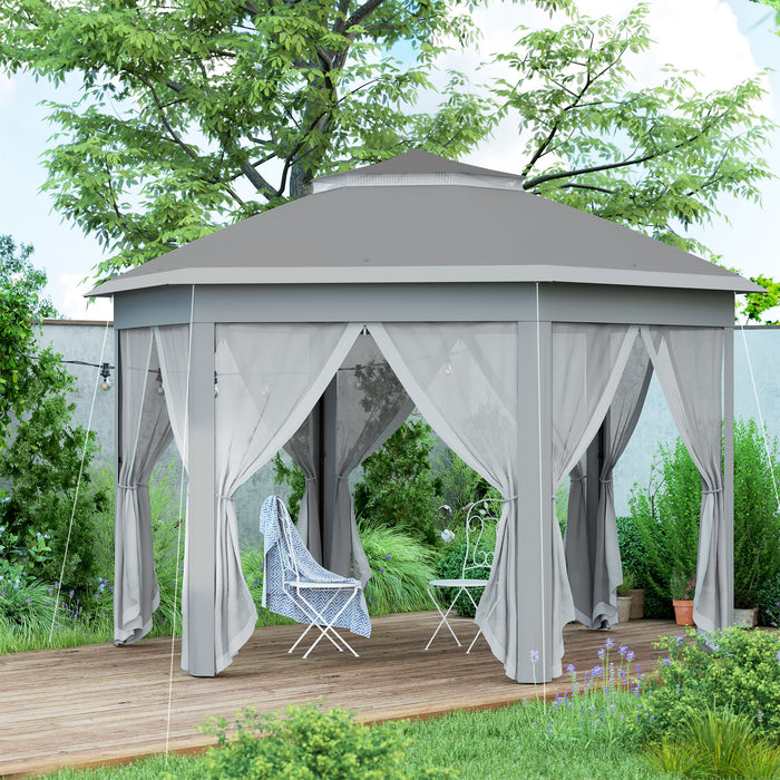 Outsunny 3 x 4m Garden Gazebo Hexagon Pop Up Party Tent Canopy Double Roof Instant Shelter with Netting and Carry Bag for Outdoor Patio, Dark Grey