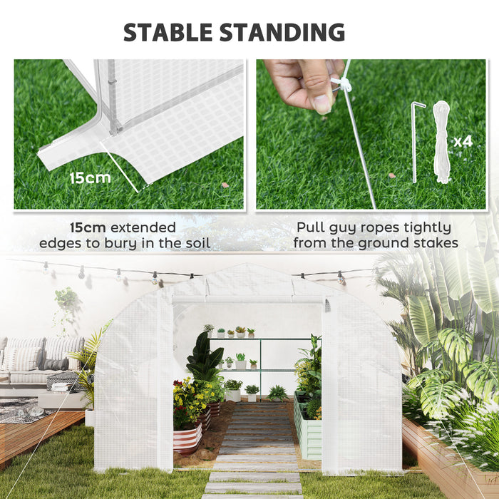 Outsunny 6 x 3 x 2m Walk-in Polytunnel Greenhouse, Zipped Roll Up Sidewalls, Mesh Door, 8 Mesh Windows, Tunnel Warm House Tent with PE Cover, Complimentary Plant Labels and Gloves, White