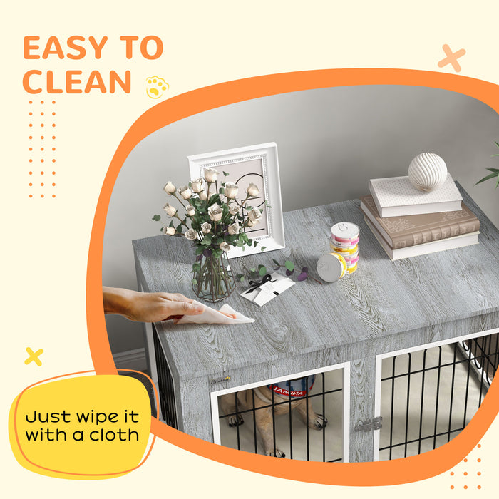 PawHut Dog Crate Furniture End Table, with Washable Cushion, Double Doors, for Medium/Large Dogs, Grey
