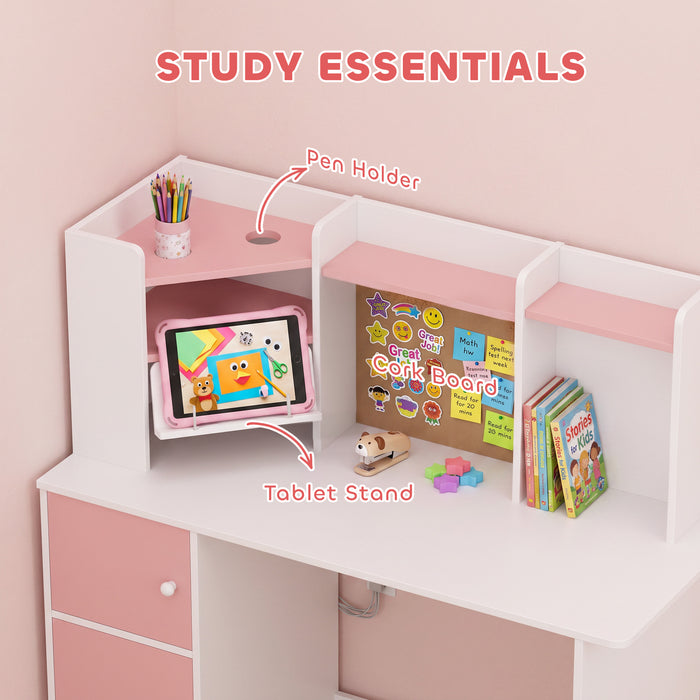 AIYAPLAY Kids Desk and Chair Set Storage Shelves Kids Desk Adjustable Tablet Stand Cork Board Pen Holder Pink