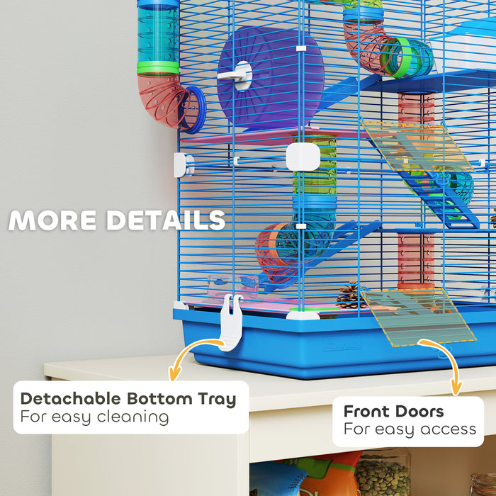 PawHut 5 Tier Hamster Cage Carrier Habitat w/ Exercise Wheels, Tunnel, Blue