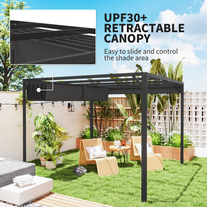 Outsunny 3 x 3(m) Garden Pergola with Retractable Roof Canopy and Roller Shade, Aluminium Pergola Kit Gazebo, UPF30+ Sun Shade Shelter for Deck, Porch, Dark Grey